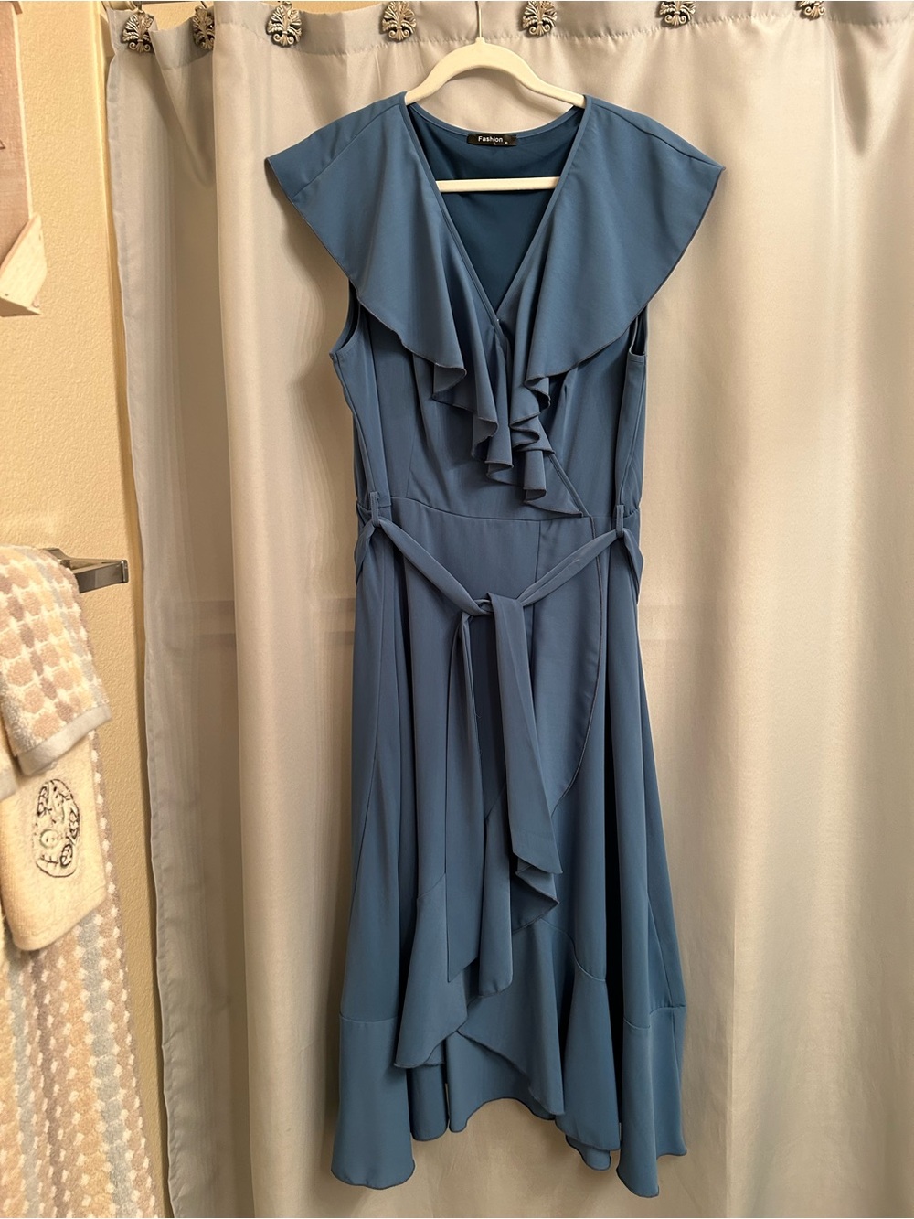 Sleeveless Ruffle Wrap Dress in Slate Blue